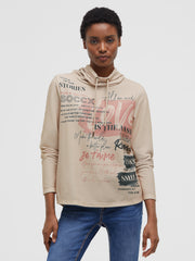 Strukturiertes Sweatshirt mit Kragen und Artwork almond cream