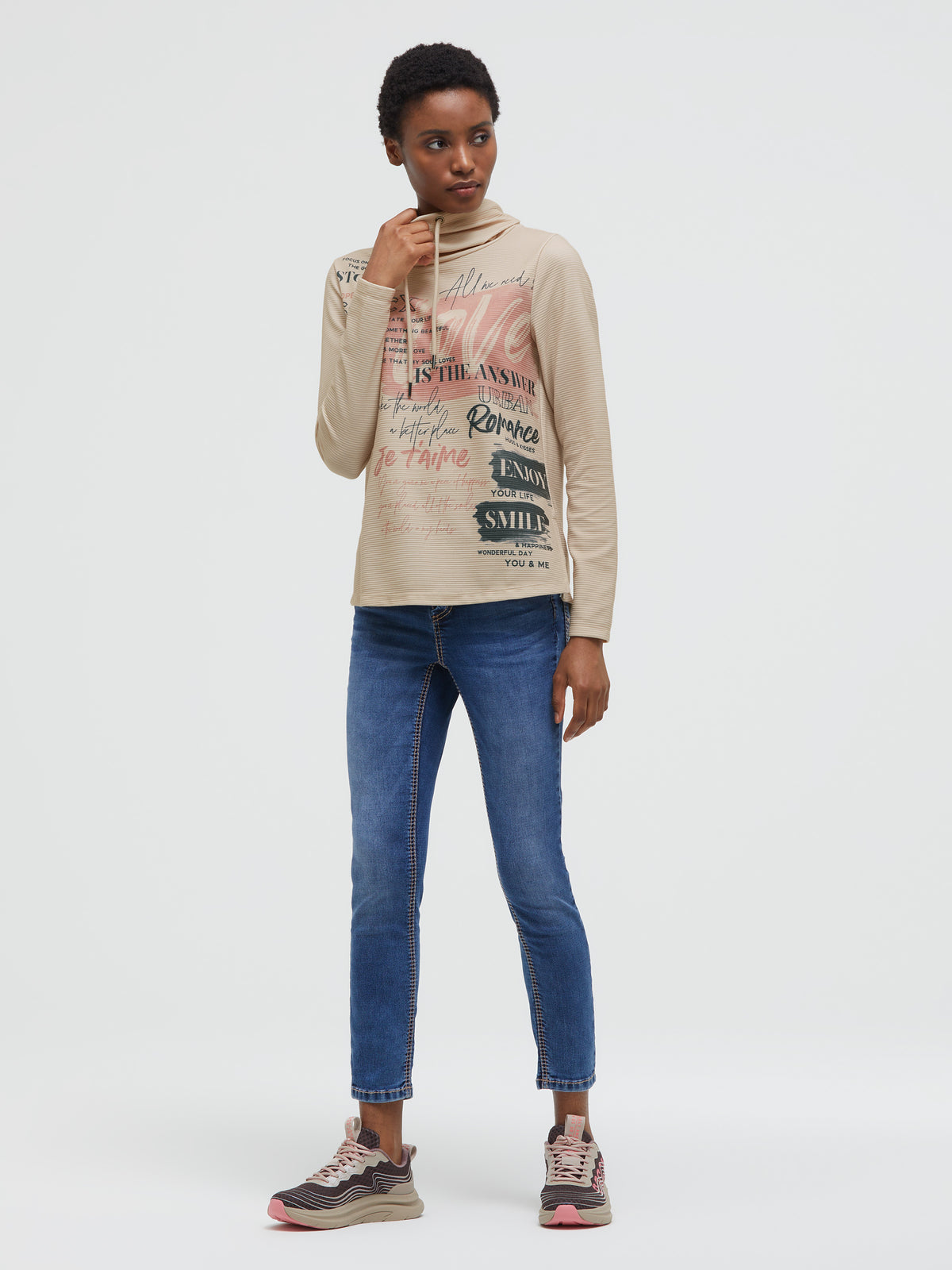 Strukturiertes Sweatshirt mit Kragen und Artwork almond cream - 3