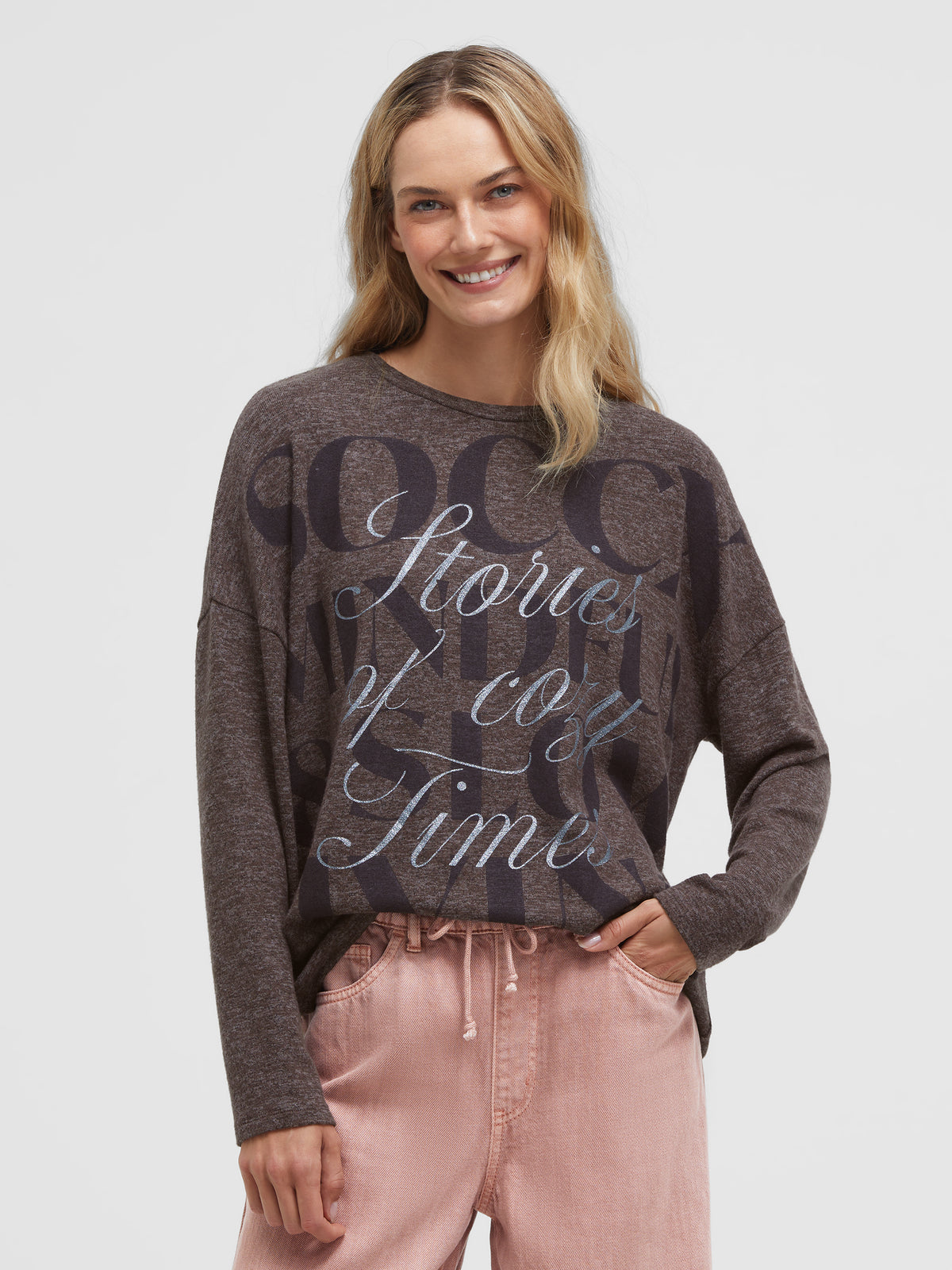 Melierter Oversized Pullover mit Wording Print chocolate - 2