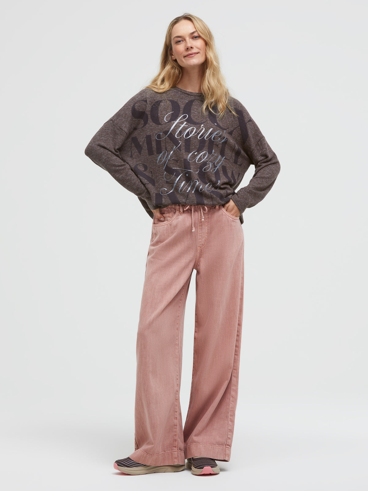 Melierter Oversized Pullover mit Wording Print chocolate - 3