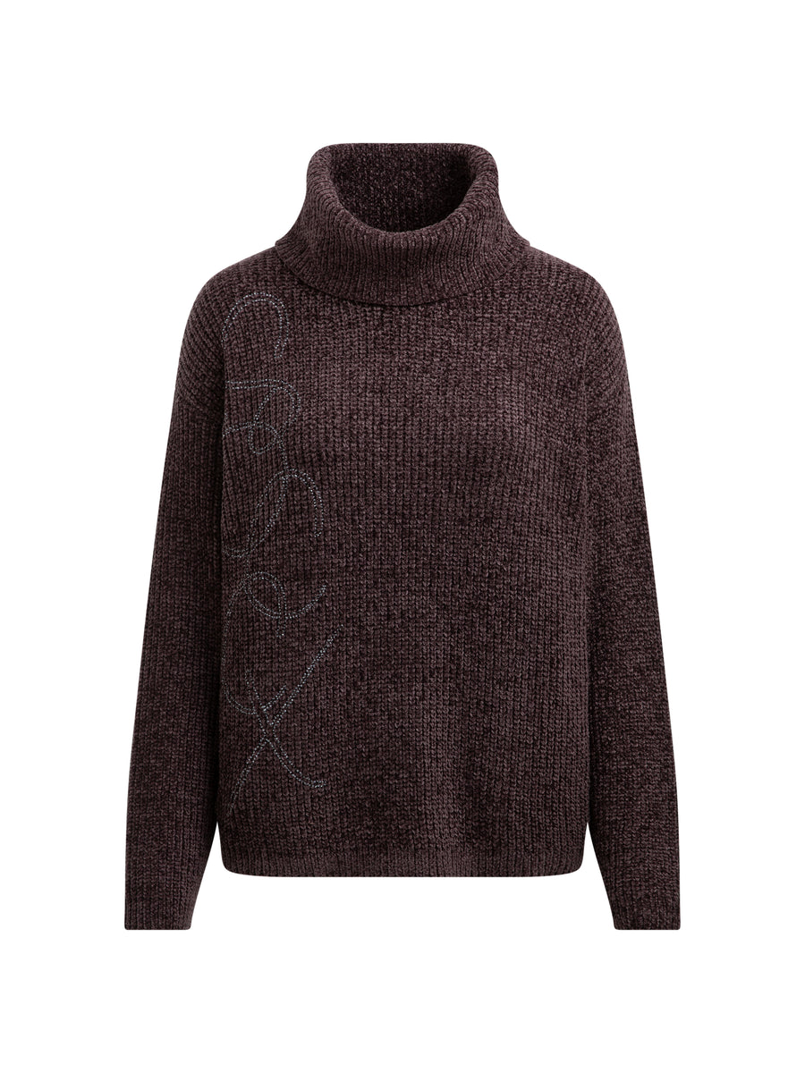 Sweter z tkaniny szenilowej z golfem i logo