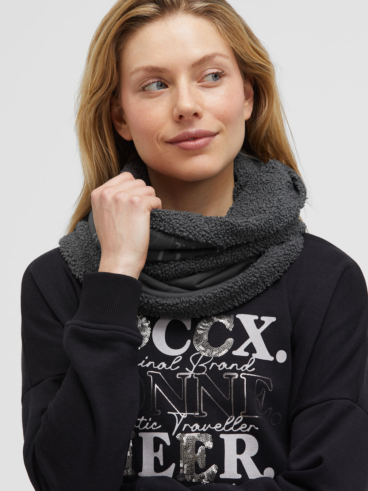 Loop-Schal mit Kunstfell und Wording Print cool anthra - 2