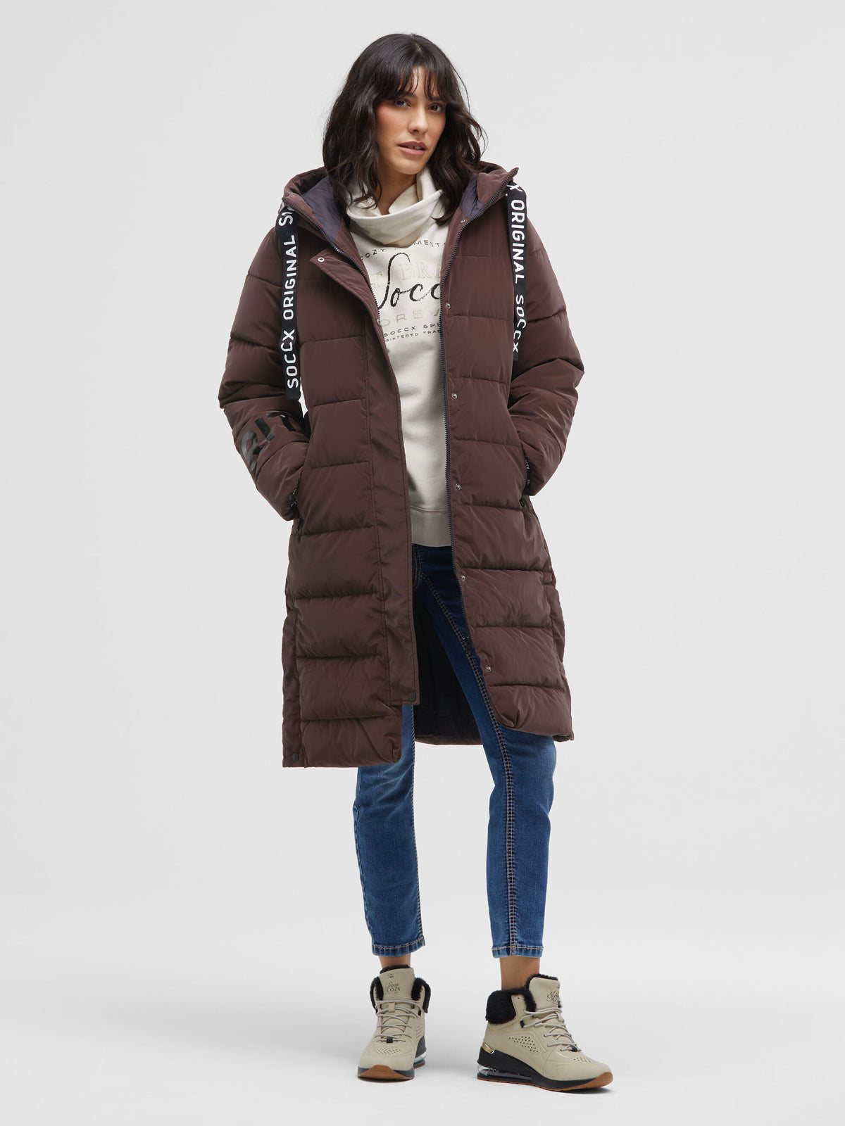 Matter Steppmantel mit Kapuze und Shiny Prints dark coffee - 3