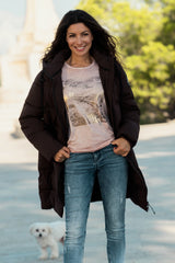 Gesteppter Parka mit Kapuze und Print dark coffee